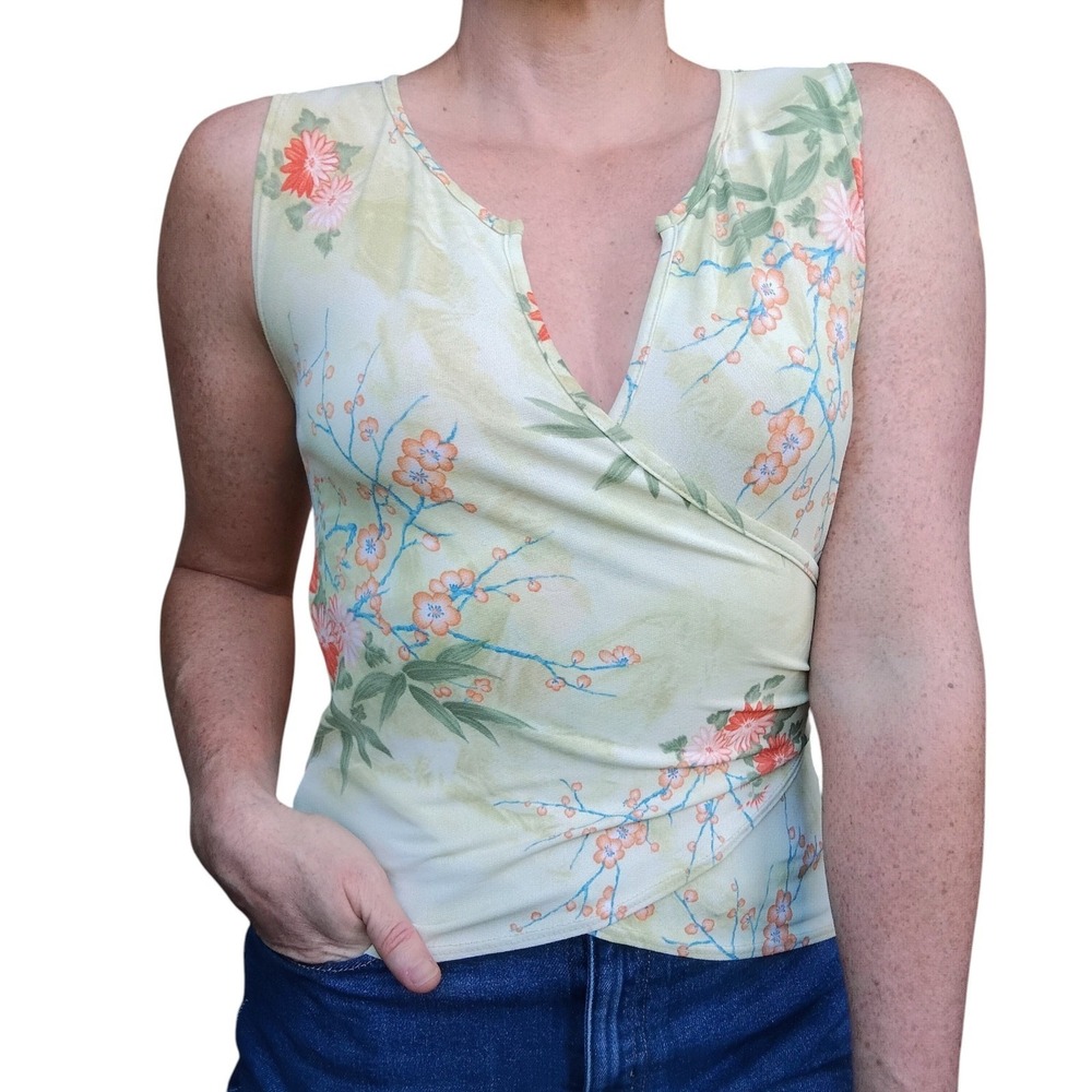 Vtg 90s Rave Y2K Tank Top Womens Small Asian Floral Babydoll Japanese Faux Wrap